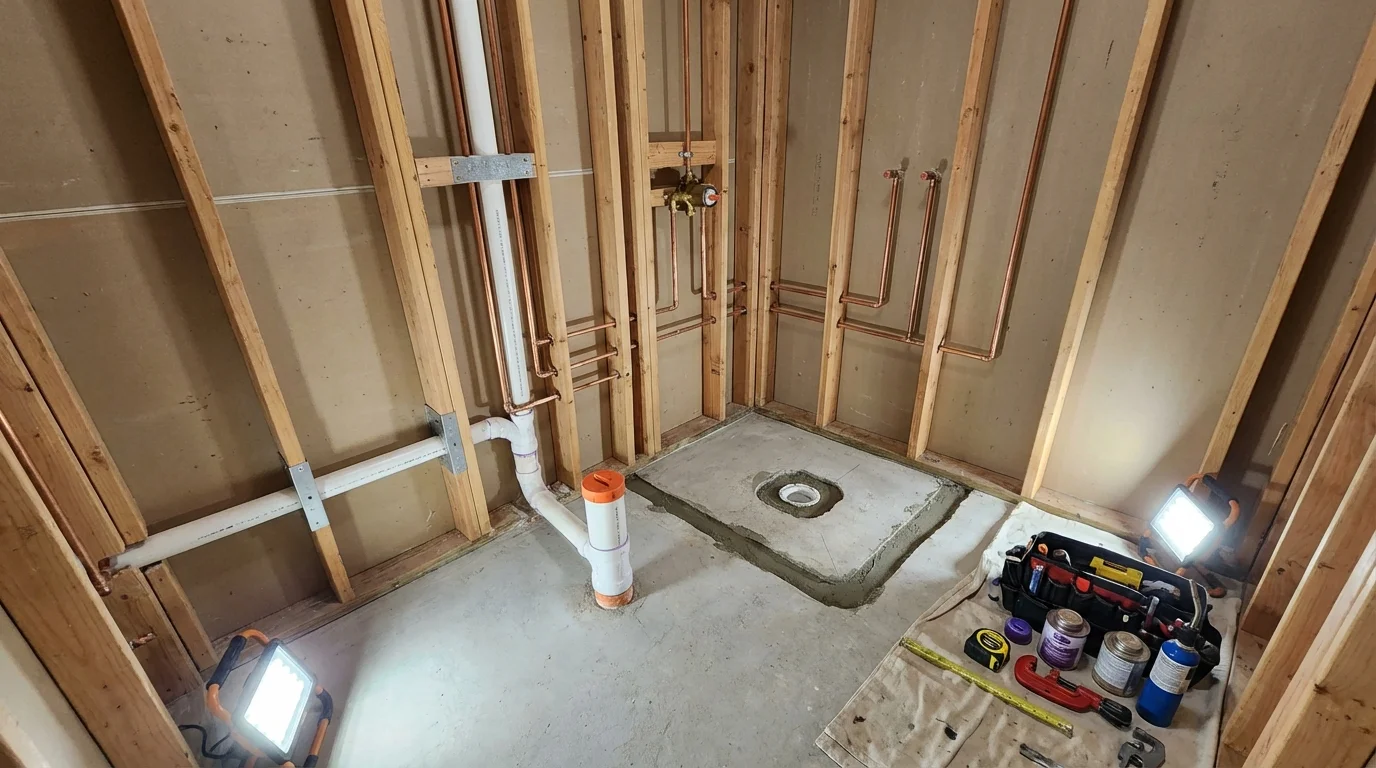 Bathroom rough-in plumbing during remodel by Johns Plumbing LLC in Wautoma