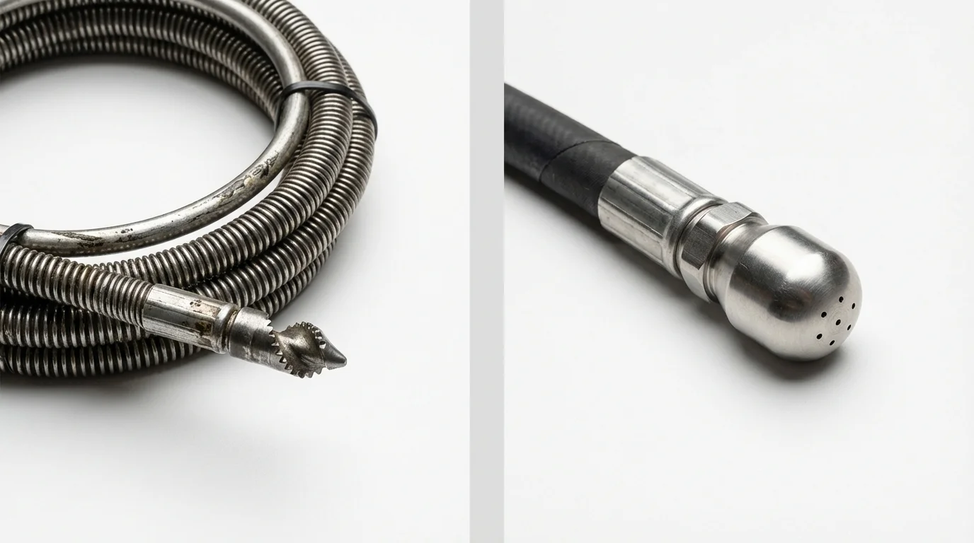 Drain snake cable and hydro jetting nozzle used for drain cleaning in Wautoma, WI