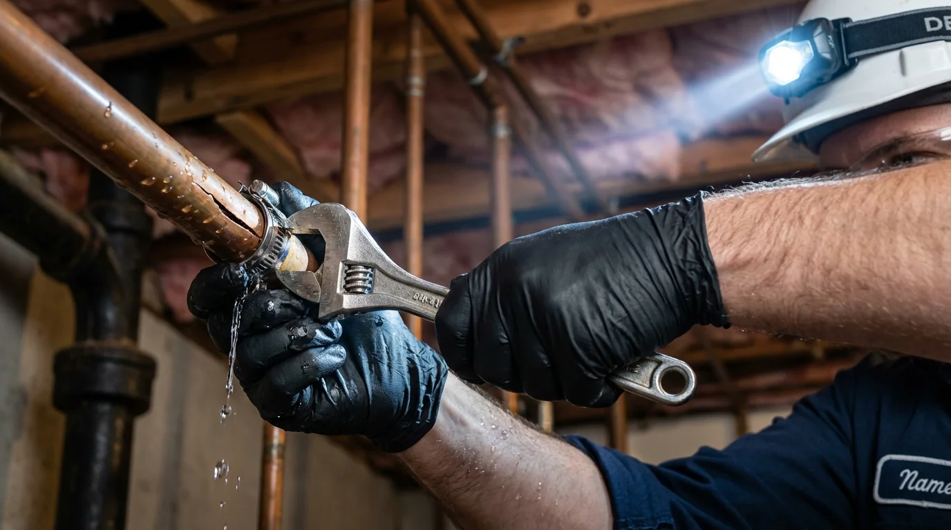 Emergency pipe clamp repair being performed by a Johns Plumbing LLC plumber in Wautoma