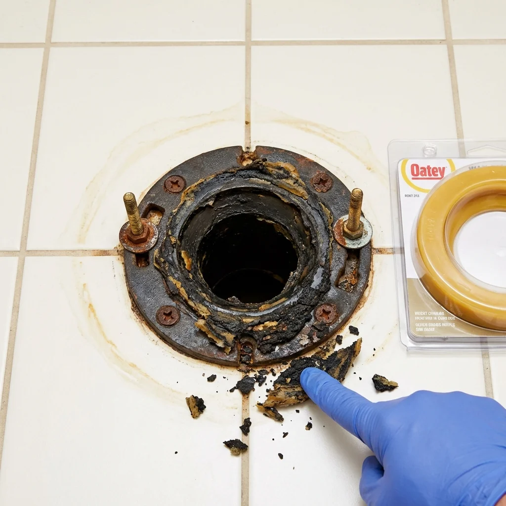 Failed wax ring showing water seepage at the base of a toilet in a Wautoma, WI home