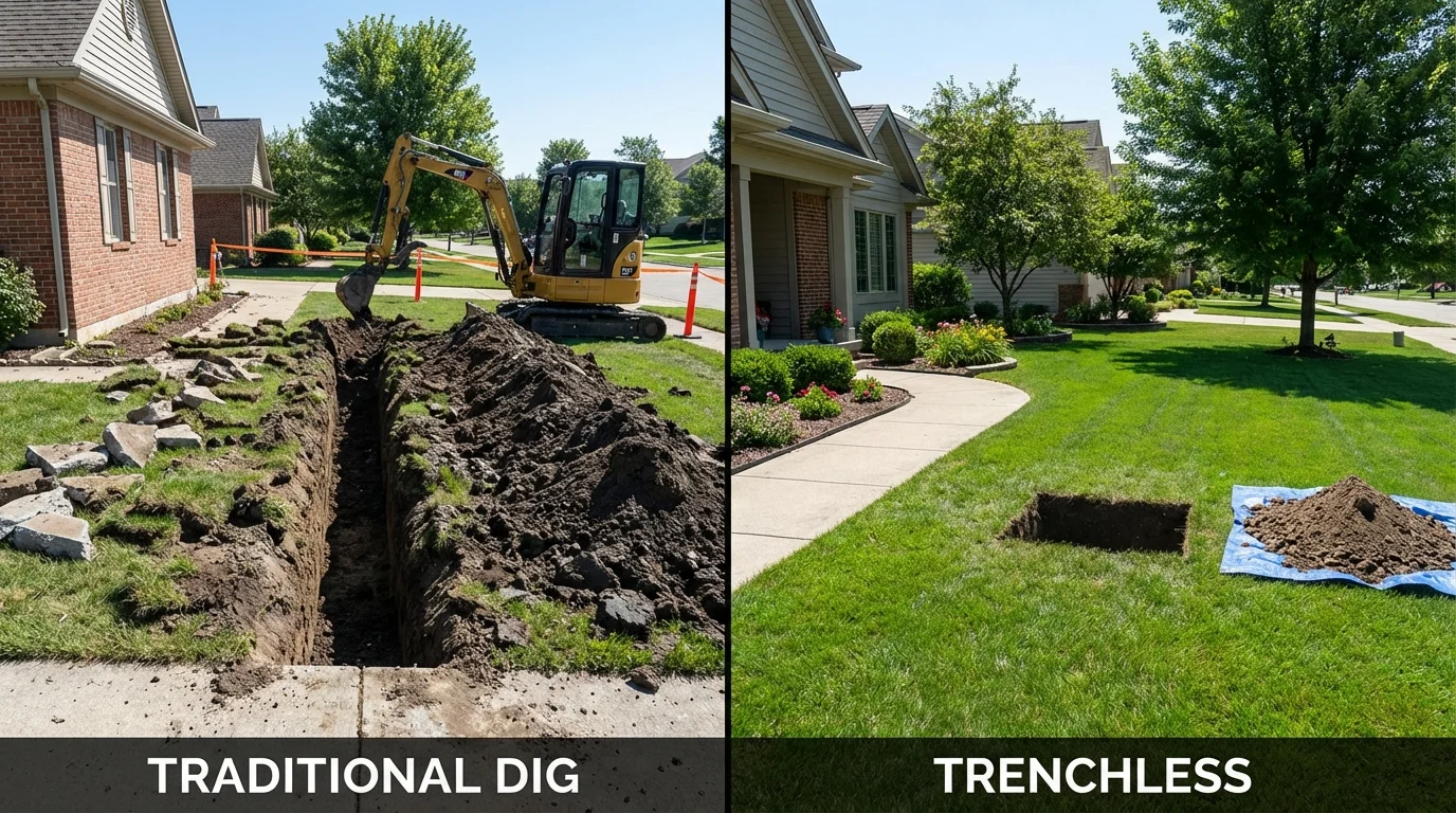 Trenchless sewer repair with minimal yard damage versus traditional excavation in Wautoma, WI