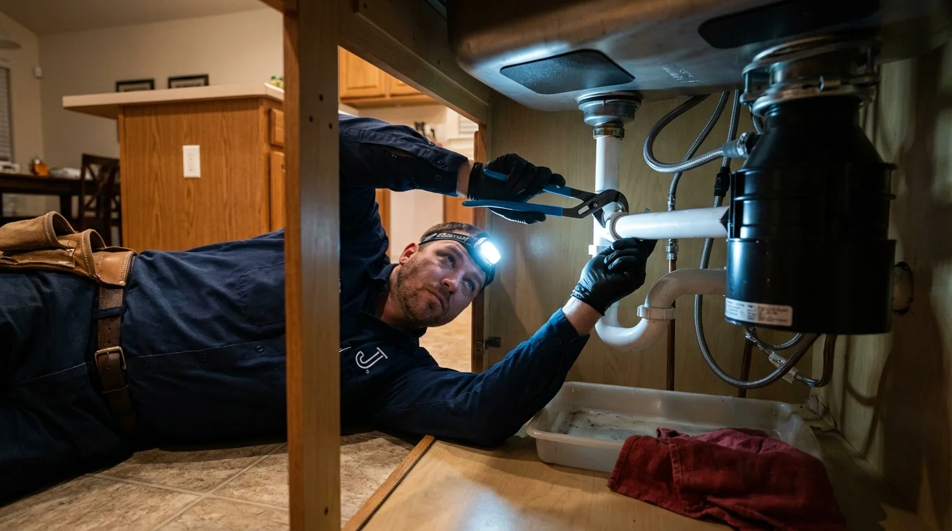 P-trap and supply line connections under a kitchen sink showing a common leak point in Wautoma, WI